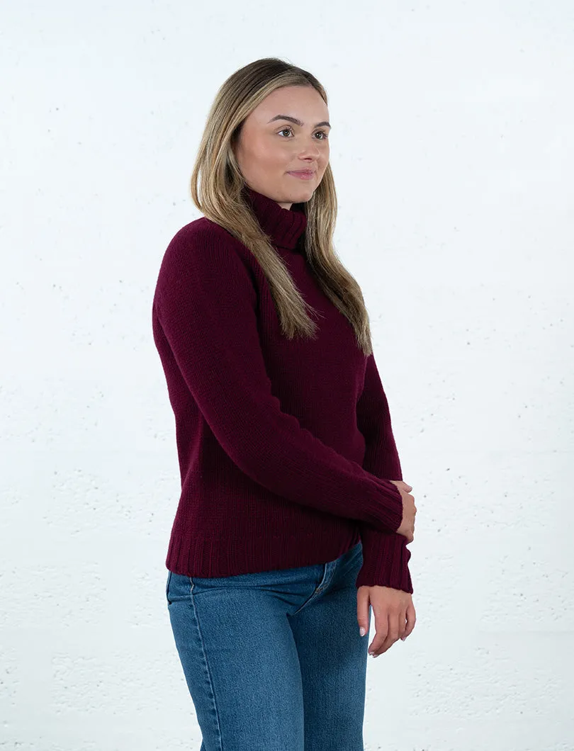 Womens Chunky Geelong Superfine Lambswool Polo Neck Jumper - Burgundy