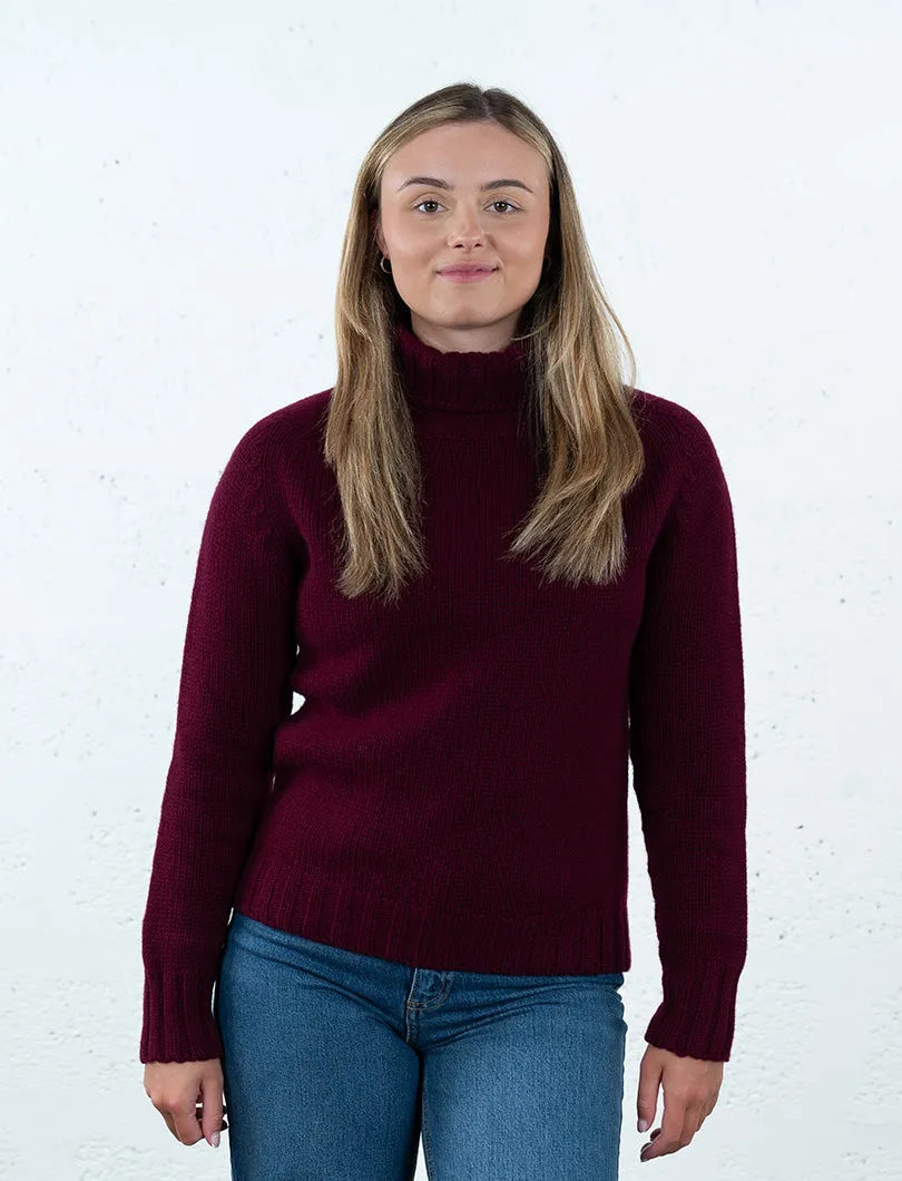 Womens Chunky Geelong Superfine Lambswool Polo Neck Jumper - Burgundy