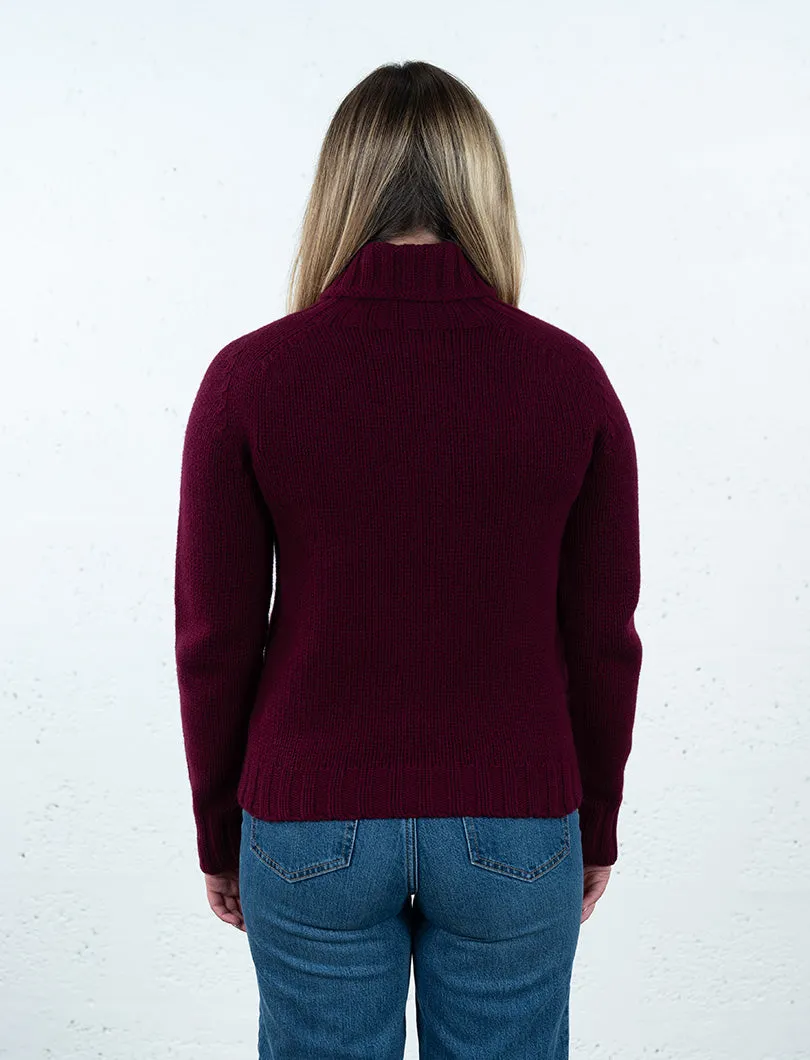 Womens Chunky Geelong Superfine Lambswool Polo Neck Jumper - Burgundy