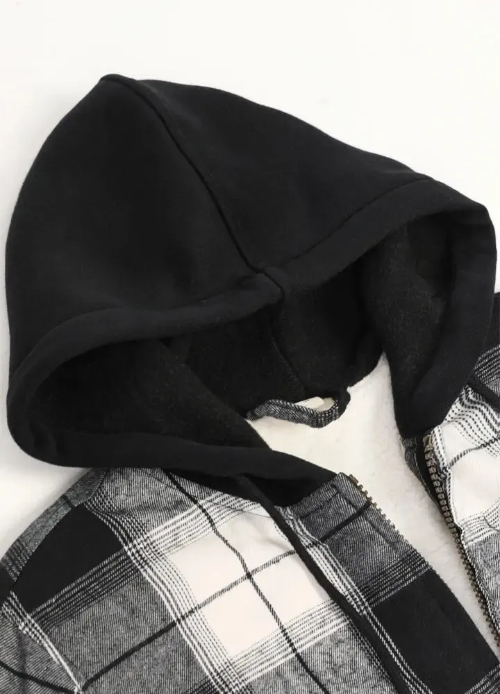 Women's Matching Family Black White Sherpa-Lined Flannel Hoodie