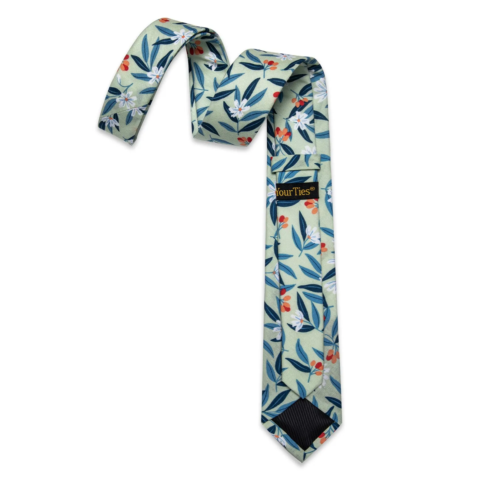 YourTies Mens White Solid Long Sleeve Shirt with Green Blue Floral Silk Tie Set