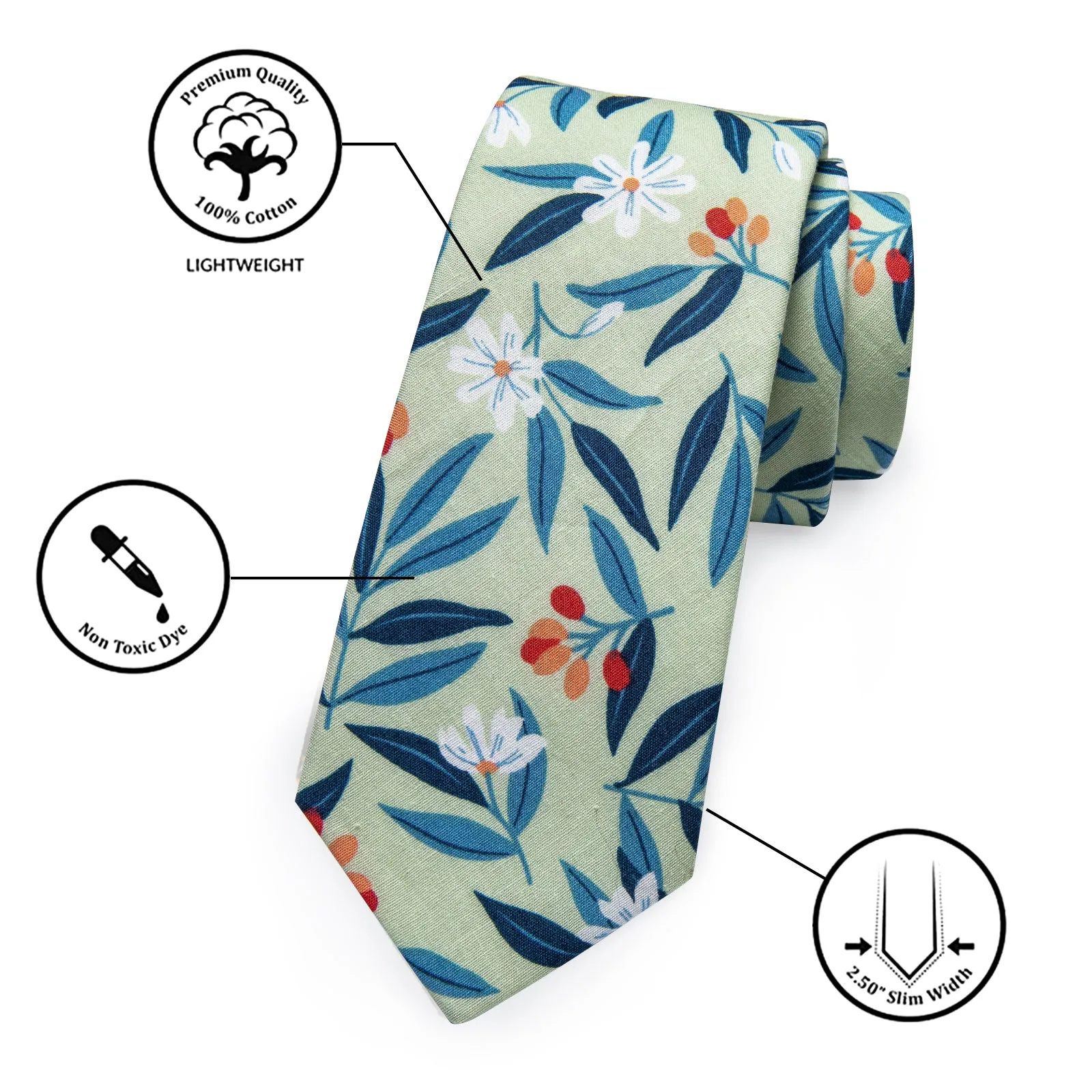 YourTies Mens White Solid Long Sleeve Shirt with Green Blue Floral Silk Tie Set