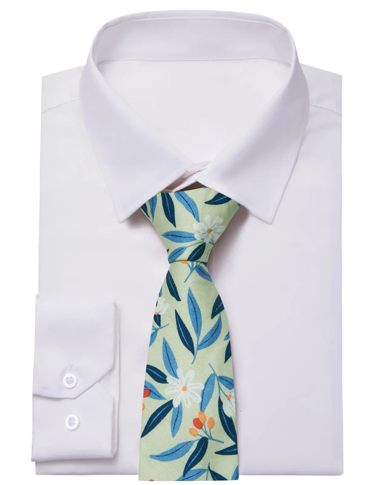 YourTies Mens White Solid Long Sleeve Shirt with Green Blue Floral Silk Tie Set