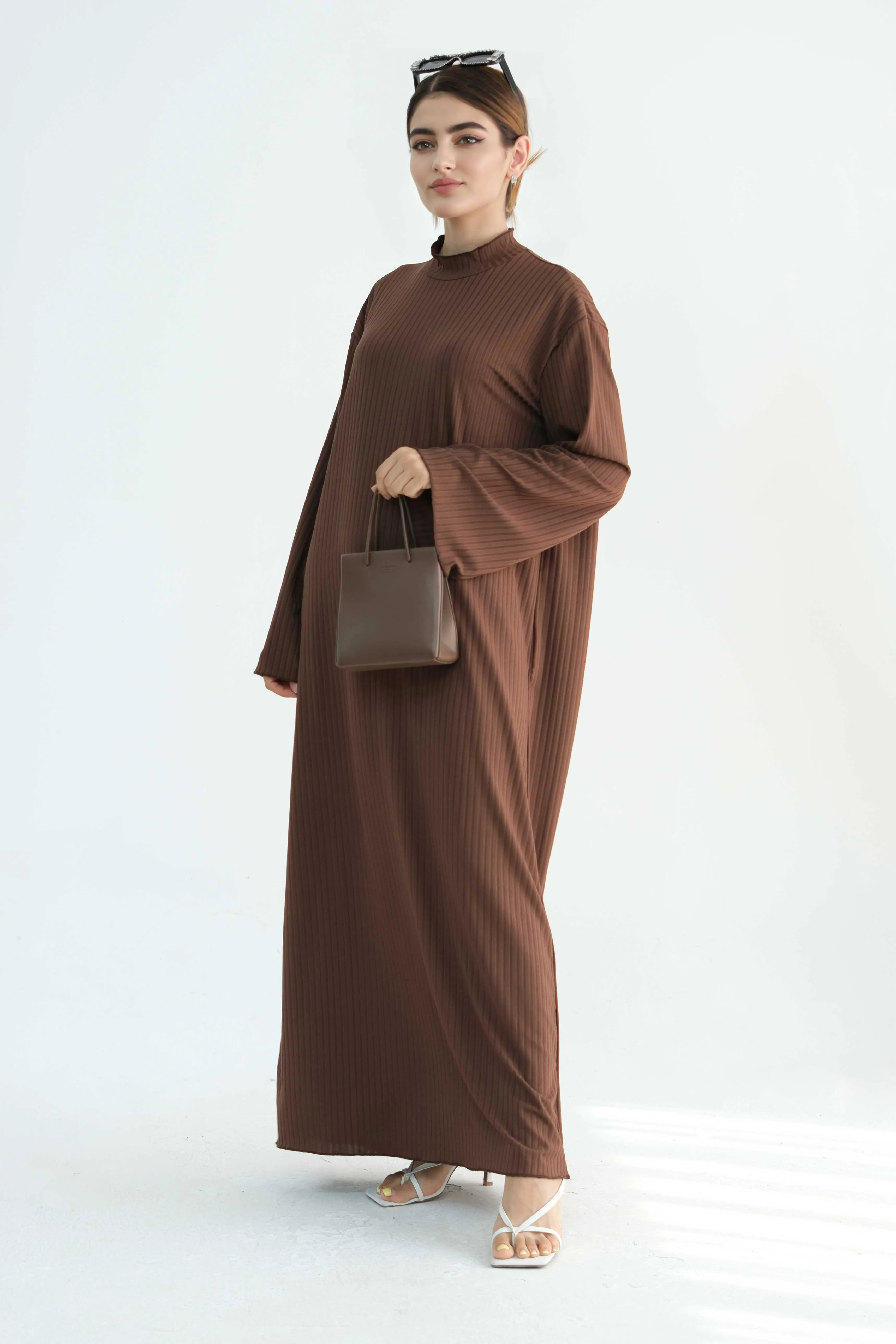 ZAINAB Knit Ribbed Maxi Dress Abaya  905-Espresso